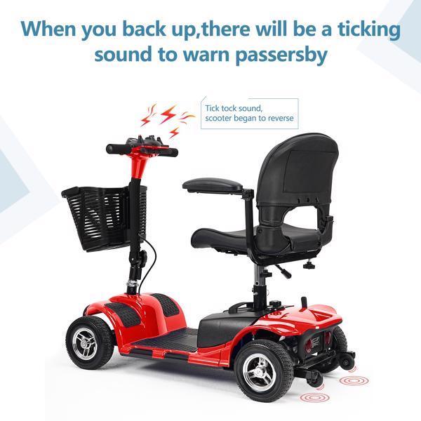 Red electric mobility scooter with basket, black seat, and backup alarm feature.
