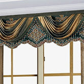 Luxurious gold and green velvet curtain valance with embroidered floral patterns and scalloped edge.