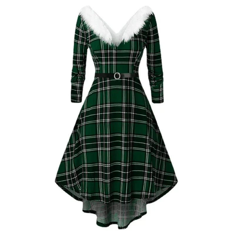 Green plaid midi dress with white faux fur trim, V-neckline, long sleeves, and belted waist.