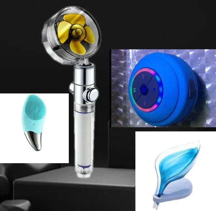 Modern tech accessories including a transparent shower head with yellow fan, blue waterproof speaker, silicone face brush, and leaf-shaped soap holder on black background.