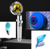 Assorted modern tech accessories including a transparent shower head with yellow fan, blue facial cleansing brush, blue waterproof speaker, and sleek blue leaf-shaped item, all set against a dark background.