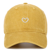 Yellow cotton baseball cap with retro small love heart embroidery on front