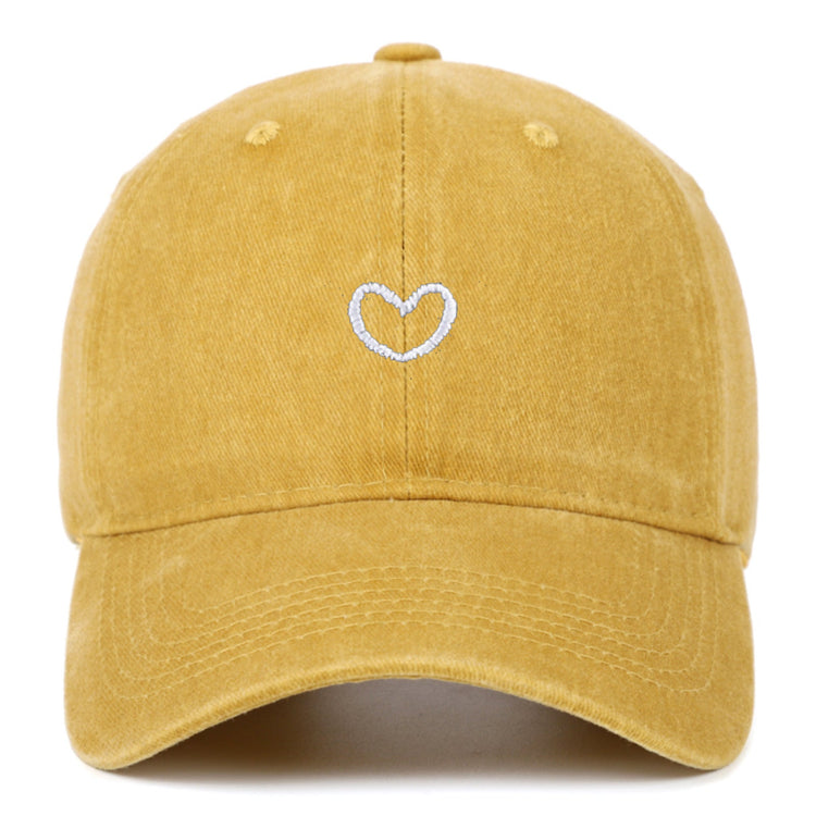 Yellow cotton baseball cap with retro small love heart embroidery on front