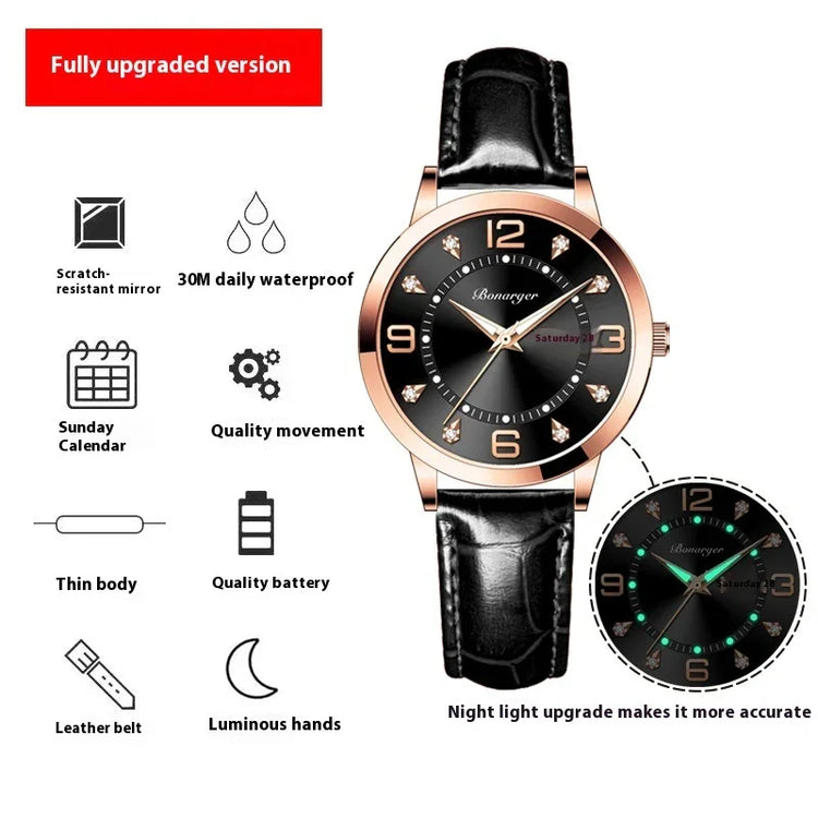 Black leather strap wristwatch with gold case, black dial, luminous hands, waterproof, thin design.