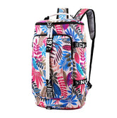 Colorful floral print backpack with white, pink, blue, and brown leaves, spacious design