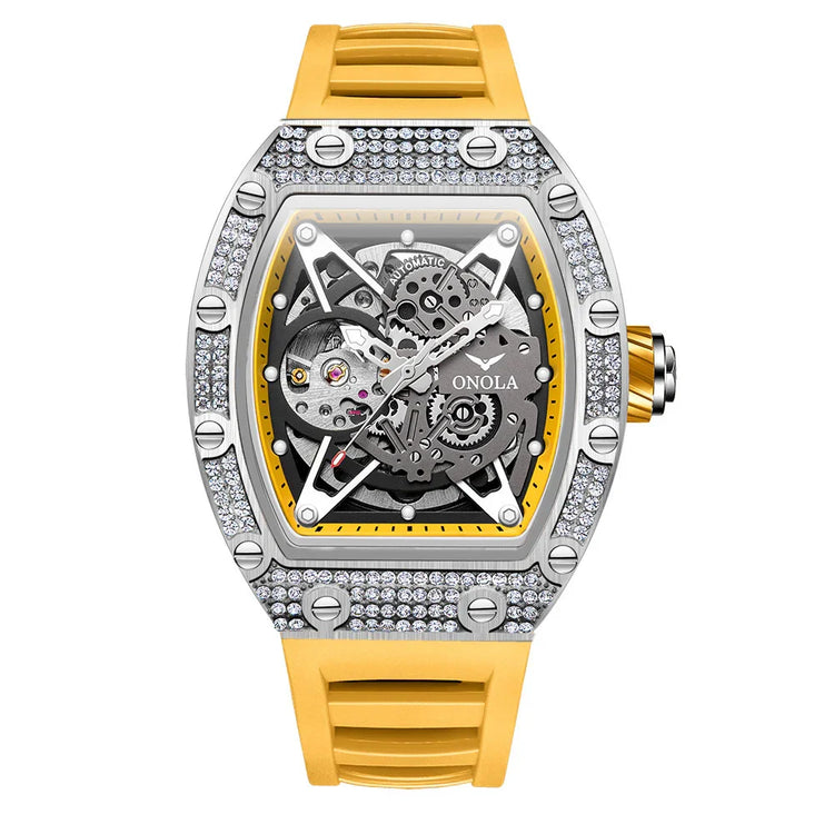 Yellow silicone strap luxury chronograph watch with diamond-studded bezel and skeleton dial.