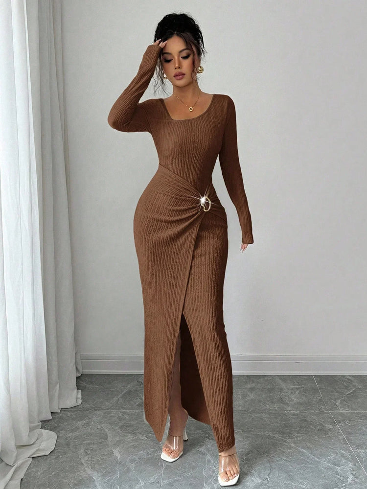 Brown ribbed knit long sleeve maxi dress with front slit and fitted silhouette