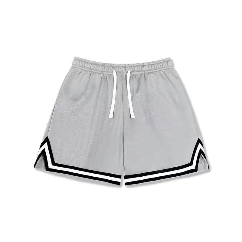 Light gray mesh shorts with black and white chevron trim and relaxed fit