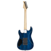 Rear view of electric guitar with blue glossy body and light wood neck on white background