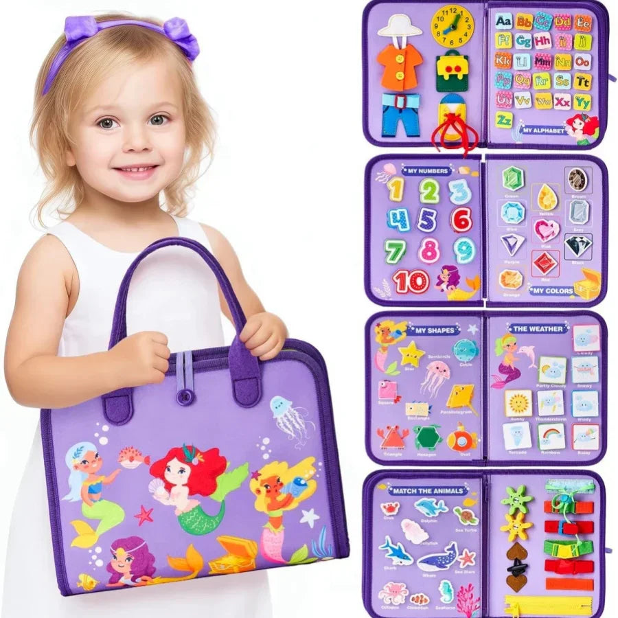 Little girl in a sleeveless white dress holding a purple felt bag with mermaid designs, featuring educational felt puzzles and colorful interactive learning activities inside.