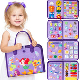 Little girl in a sleeveless white dress holding a purple felt bag with mermaid designs, featuring educational felt puzzles and colorful interactive learning activities inside.