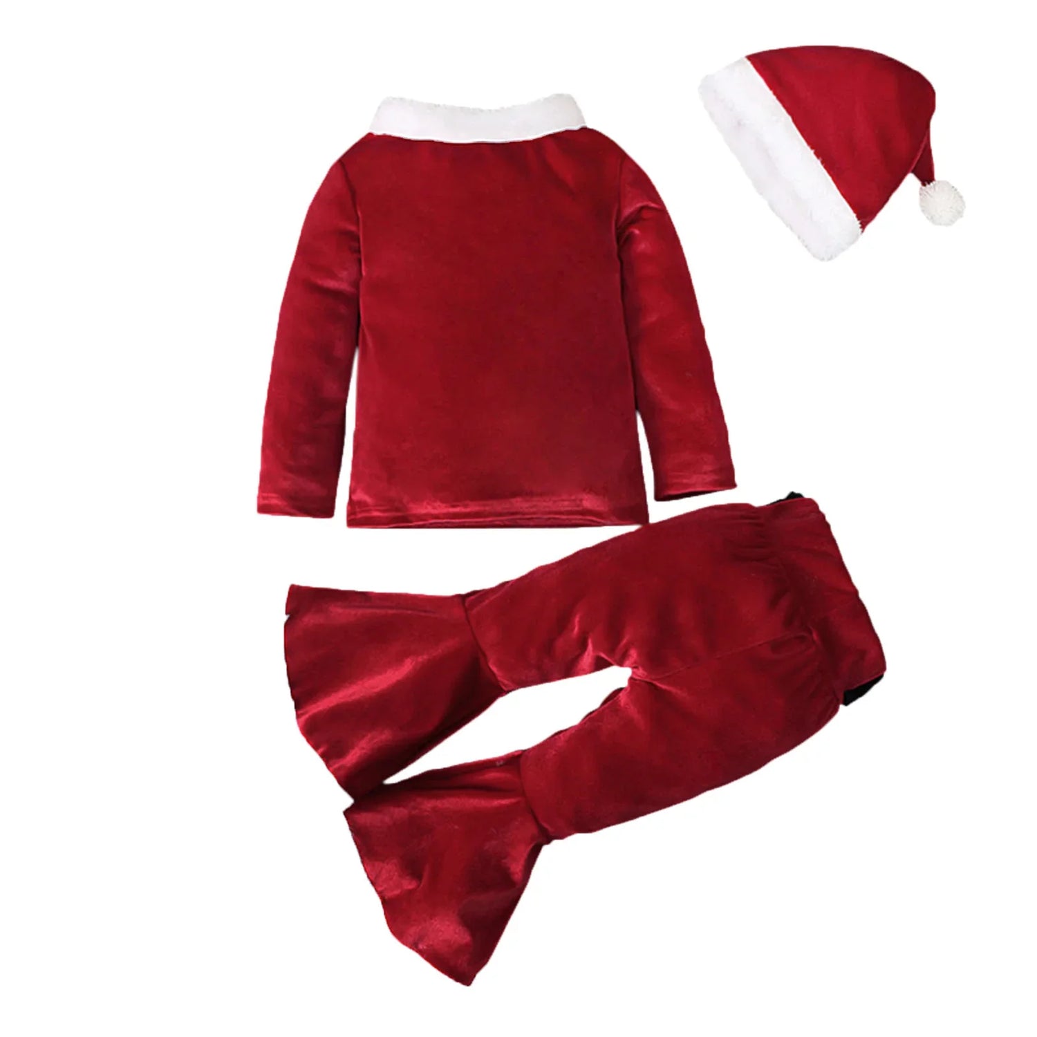 Red velvet holiday outfit set with white trim, bell sleeve top, flared pants, and Santa hat