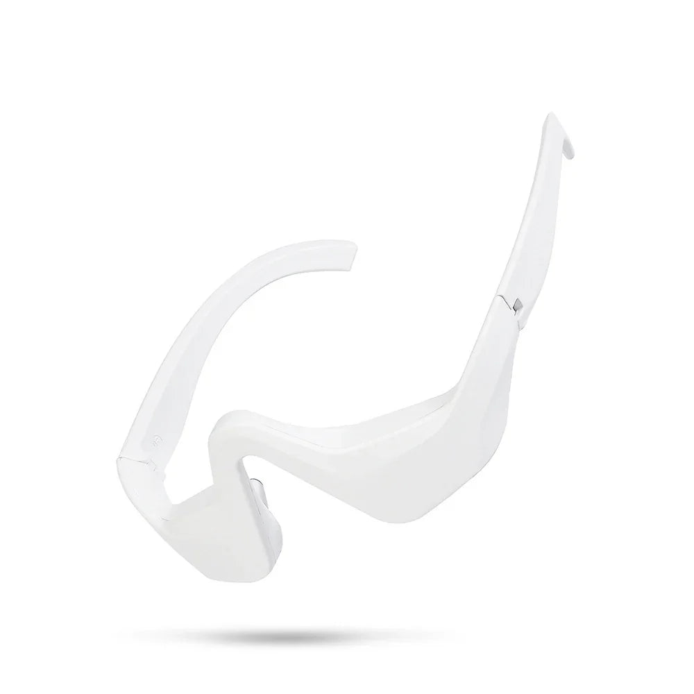 Futuristic white visor sunglasses with angular plastic frame and wraparound fit