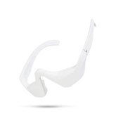 Futuristic white visor sunglasses with angular plastic frame and wraparound fit
