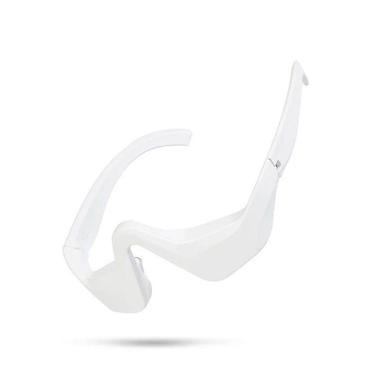 Futuristic white visor sunglasses with angular plastic frame and wraparound fit