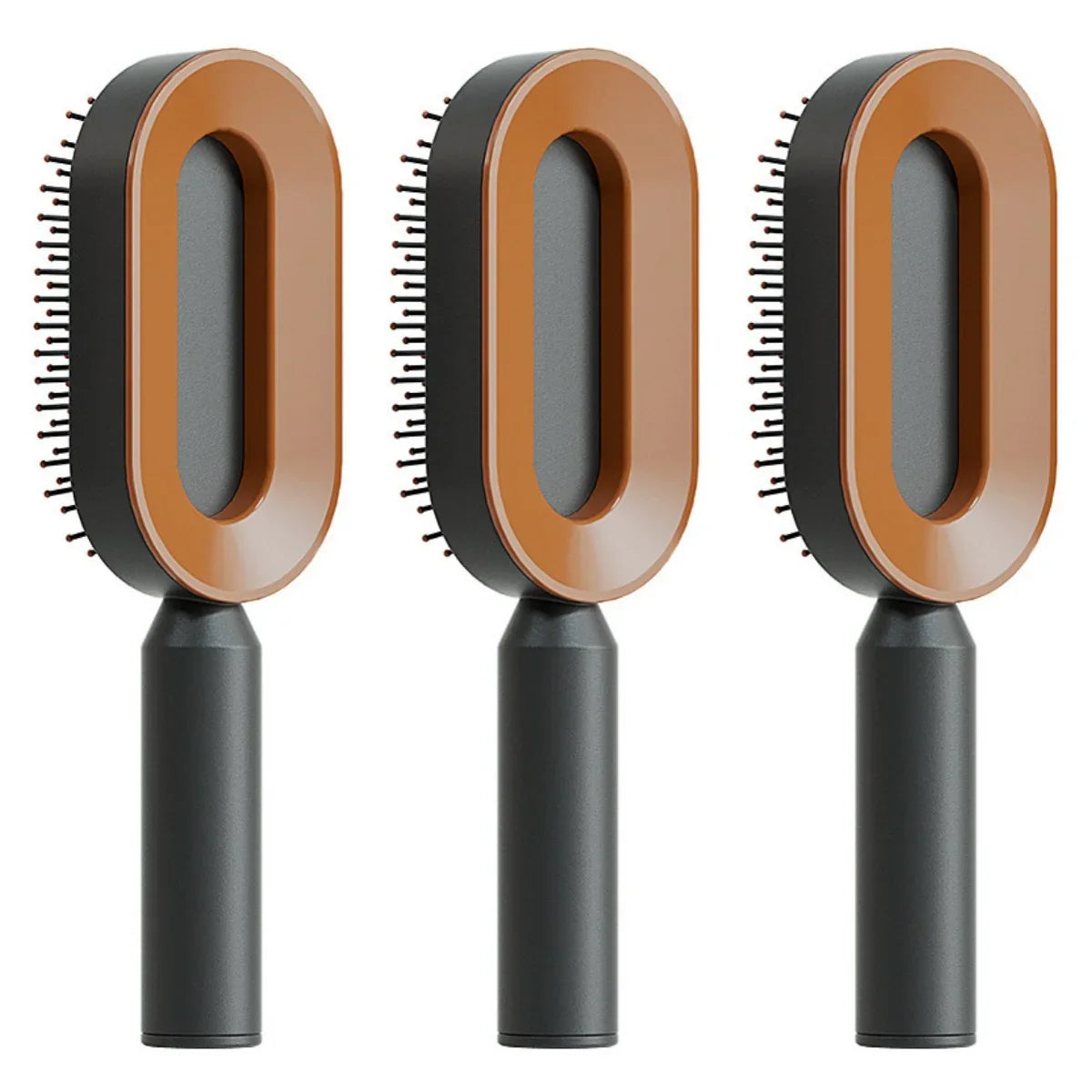 Three modern oval hair brushes with brown and black handles, sleek minimalist design