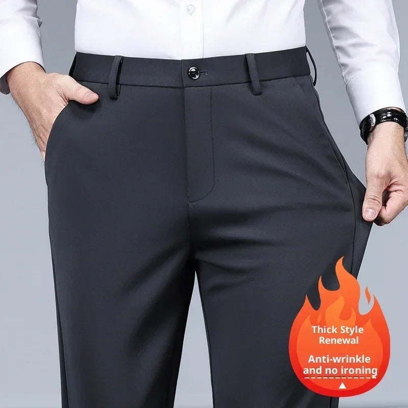 Men's slim fit dark grey dress pants, wrinkle-resistant material, paired with white shirt