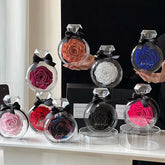 Assorted preserved roses in clear round display cases with black ribbon, multiple colors shown