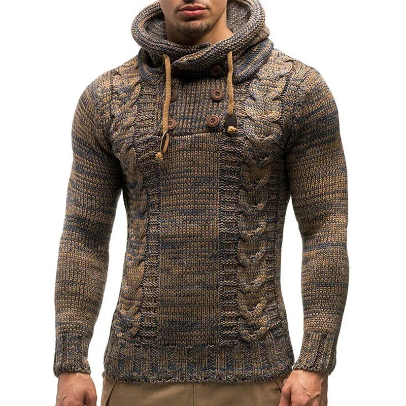 Men's slim fit cable knit sweater, brown and grey, buttoned cowl neck, long sleeves