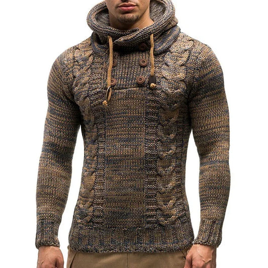 Men's slim fit cable knit sweater, brown and grey, buttoned cowl neck, long sleeves