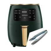 Dark green digital air fryer with gold handle and touchscreen display, plus cooking tongs.