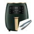 Dark green digital air fryer with gold handle and touchscreen display, plus cooking tongs.