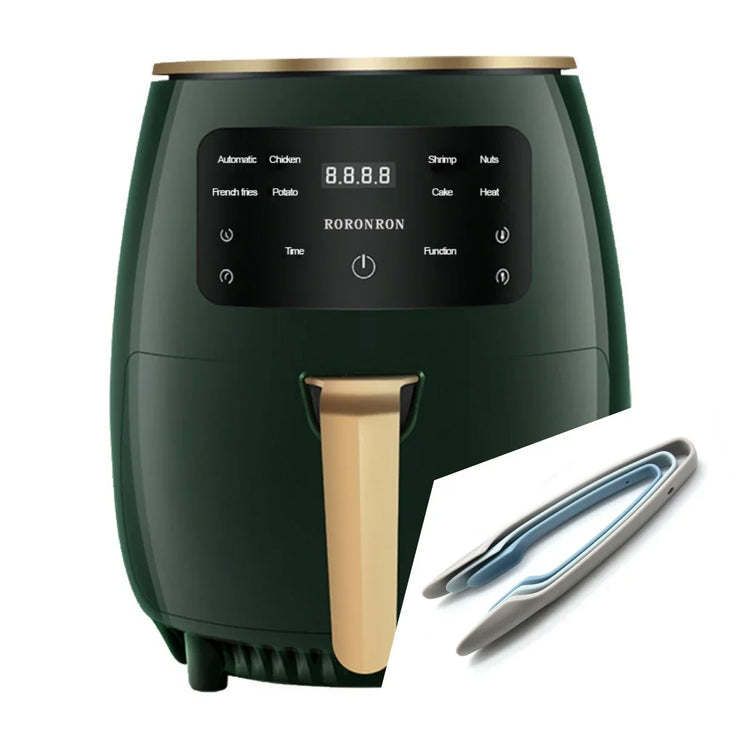 Dark green digital air fryer with gold handle and touchscreen display, plus cooking tongs.