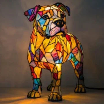 Colorful stained glass bulldog lamp with geometric patterns, illuminated for home decor