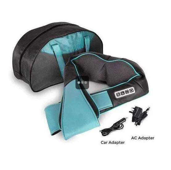 Aqua and black neck massager with control buttons, mesh fabric, carry bag, and adapters.