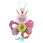 Plush butterfly baby toy in pink, green, and purple with sensory elements and soft fabric.