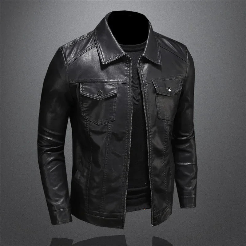 Men's black faux leather jacket with buttoned chest pockets, slim fit, and classic collar
