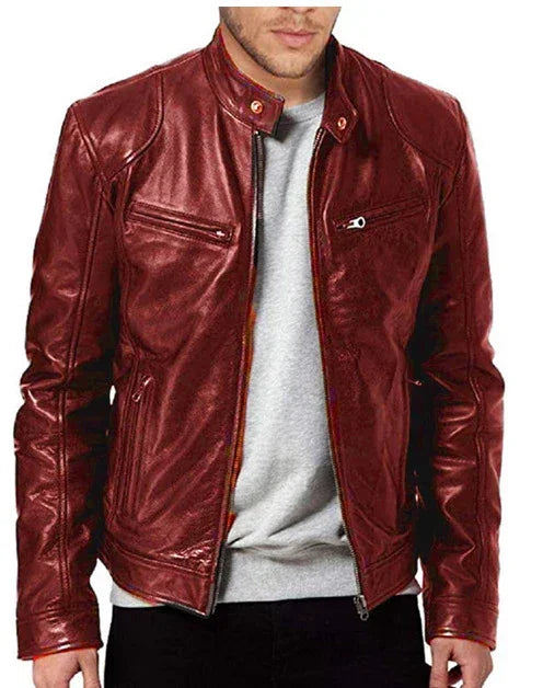 Men's slim fit maroon leather jacket with zip pockets, casual streetwear style