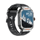 Futuristic black and silver smartwatch with rugged band and large touchscreen display