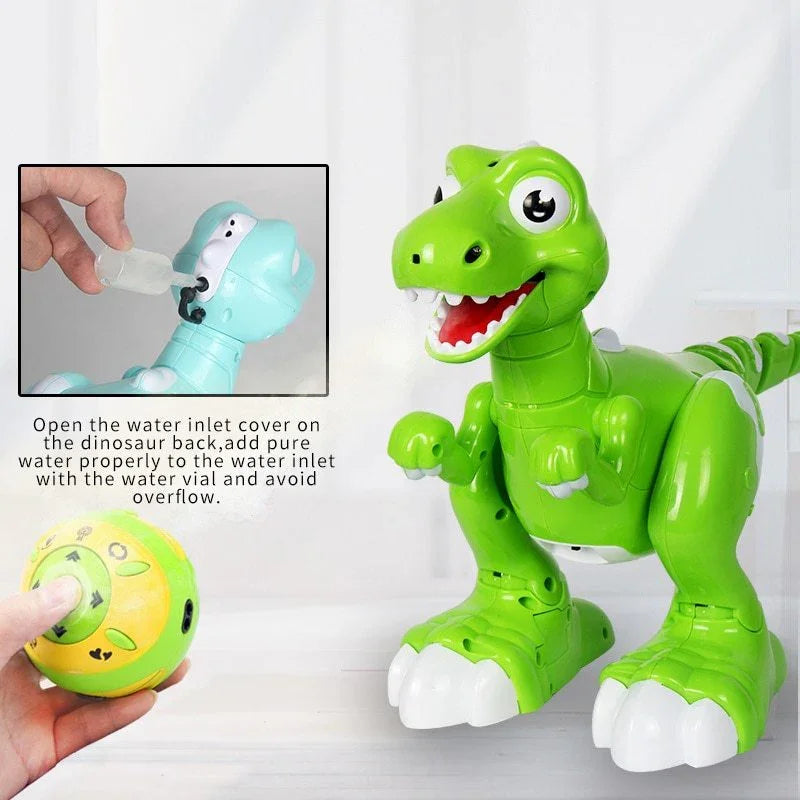 Bright green remote control dinosaur toy with movable limbs, glossy plastic material, cartoon style.