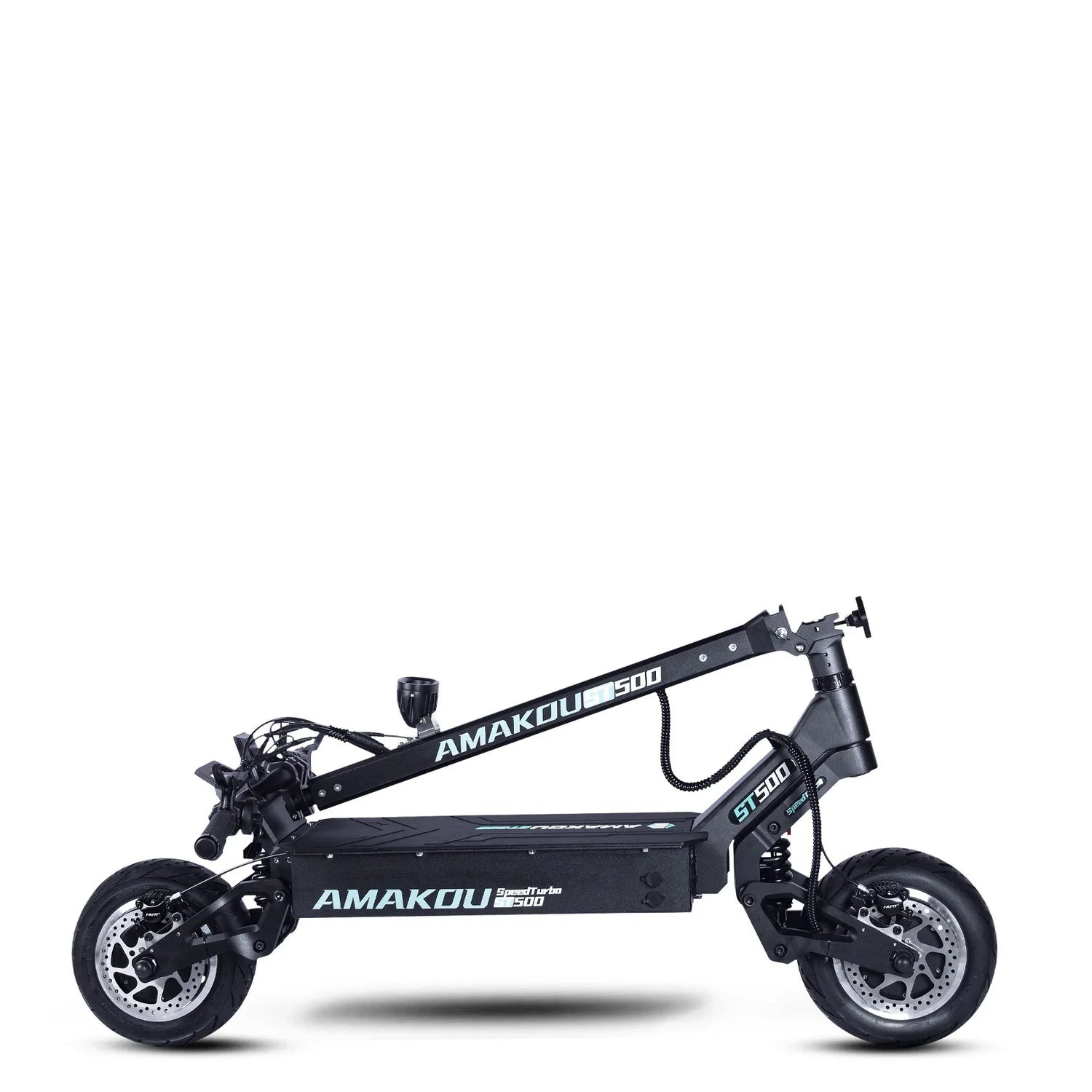 Black folding electric scooter with disc brakes and lightweight frame, futuristic design