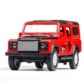 Red toy SUV model with black roof, chrome grille, and detailed side decals on white background.
