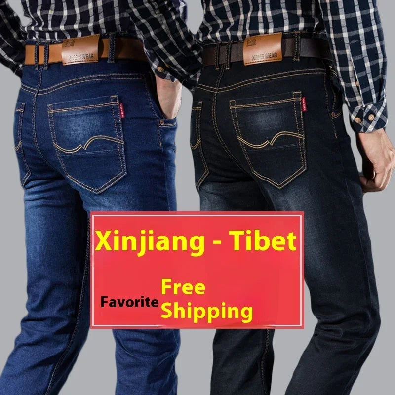 Men wearing slim fit dark blue denim jeans with back pocket stitching, paired with plaid shirts and brown belts.