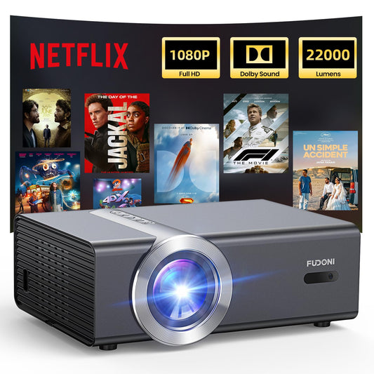 Netflix Licensed 4K Smart Projector, FUDONI Native 1080P Projector with WiFi 6 and Bluetooth, Built-in Apps, Auto Keystone & ELectric Focus, Compatible with Phone/Laptop/TV Stick, Indoor/Outdoor Use