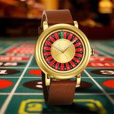 Gold-tone wristwatch with roulette dial and brown leather strap, stylish accessory on casino table.