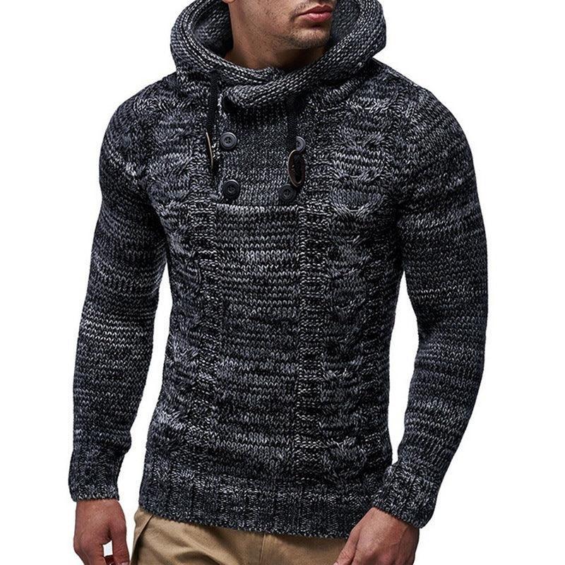 Men's fitted dark gray knit sweater with cable pattern, large cowl neck, and button details