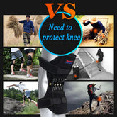 Black adjustable knee brace with spring support shown in outdoor and active settings, ergonomic fit.