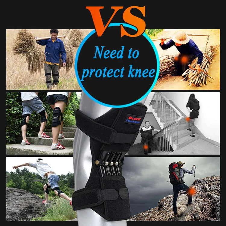 Black adjustable knee brace with spring support shown in outdoor and active settings, ergonomic fit.