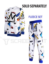 Mens Urban Hip Hop white fleece pullover and pants set with colorful abstract patterns and blue accents