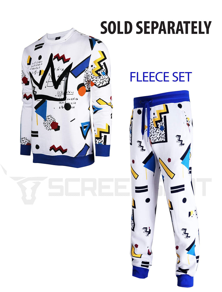 Mens Urban Hip Hop white fleece pullover and pants set with colorful abstract patterns and blue accents