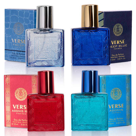 NovoGlow Verse Mini 4-Piece Fragrance Gift Set for Men - Aromatic, Floral, Oriental & Woody Notes - Individually Boxed - Travel Size - 25ml Eau De Parfum