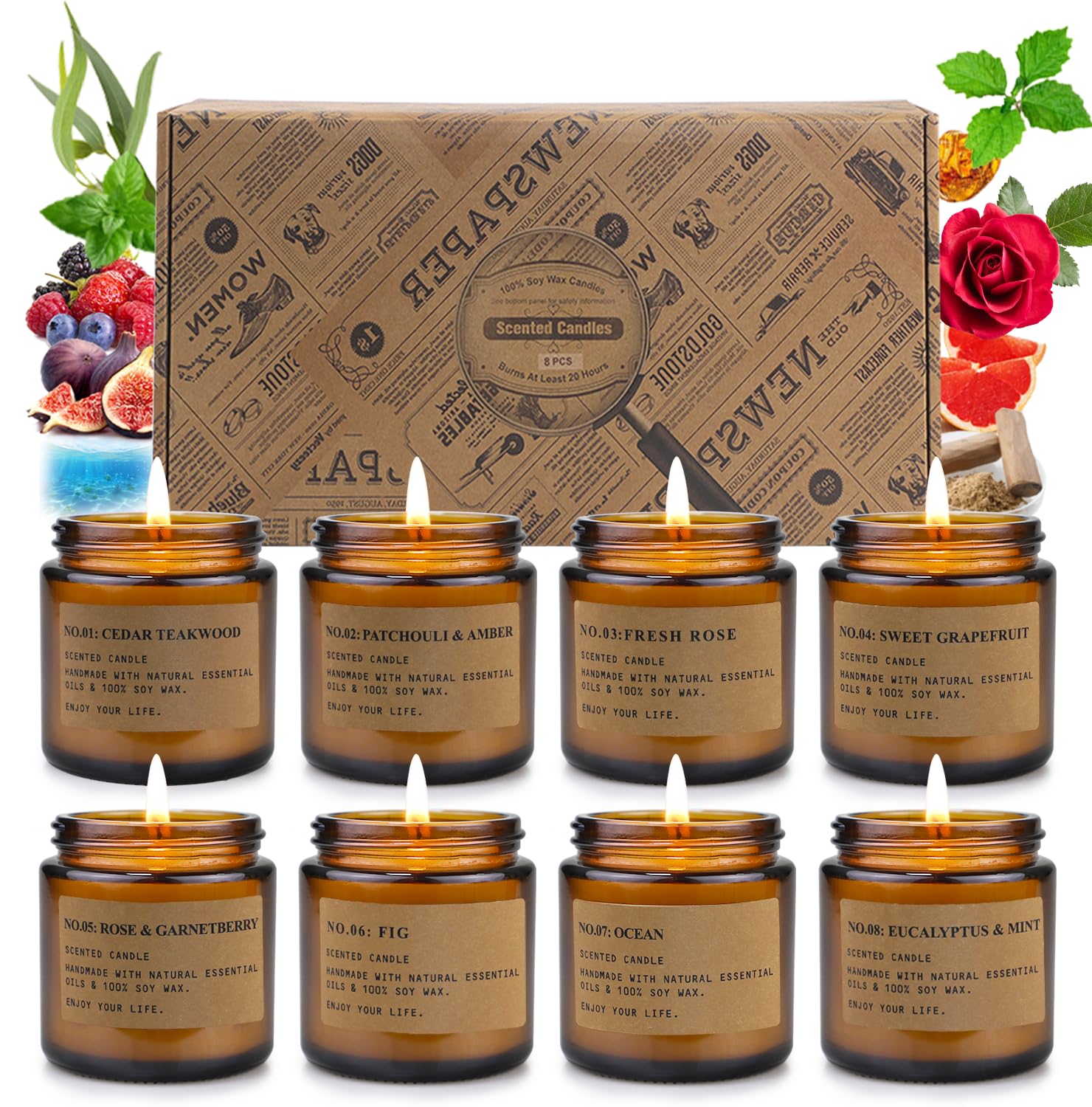 Feibao 8 Pack Candles amber jar soy wax aromatherapy scented candle gift set