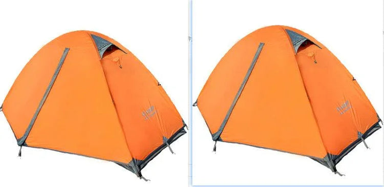 Two orange dome tents with grey accents, made of weather-resistant fabric, set against a white background.