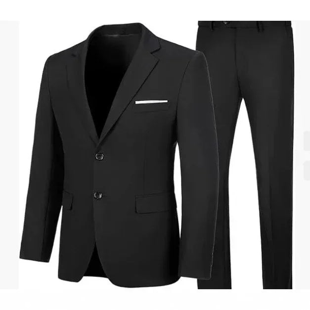 Men's slim-fit black suit with notch lapel blazer and matching dress pants