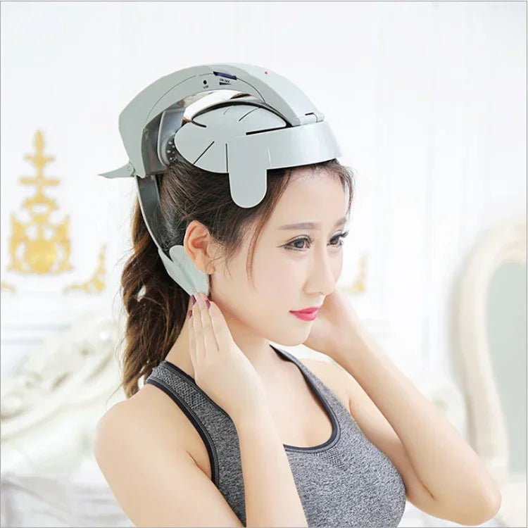 Woman wearing a gray sporty tank top, adjusting a futuristic metallic headgear device