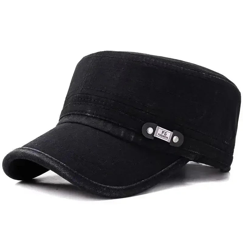 Black military-style cotton cap with curved brim and sleek urban streetwear design
